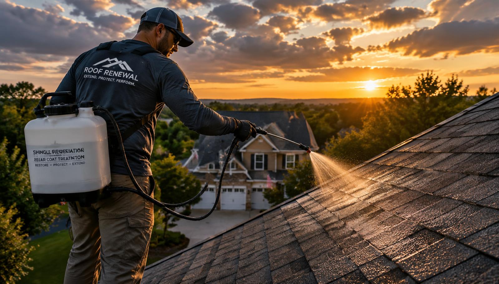 Technician applying roof rejuvenation treatment
